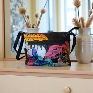 Anna by Anuschka Hand Painted Leather Crossbody Bag Butterfly Dragonfly New